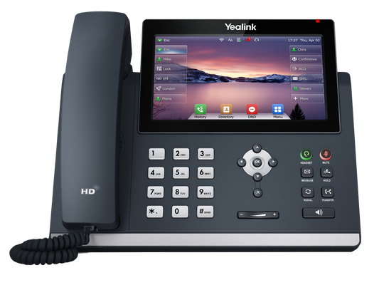 A Yealink YKT48U Gigabit IP Phone with a 7-inch color touch screen, dual USB ports, and a combination of numeric keypad and soft buttons for dialing.
