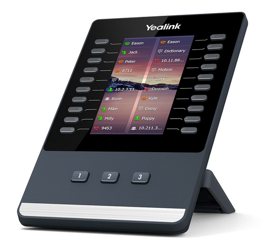 Yealink EXP43 expansion module with a sidecar design, featuring a 60-key layout with LEDs, a 4.3 inch color backlit LCD, and a black body.