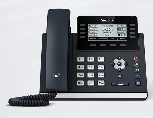 Yealink T43U IP Phone with a 3.7-inch graphical LCD, dual USB ports, and a stand with adjustable angles.