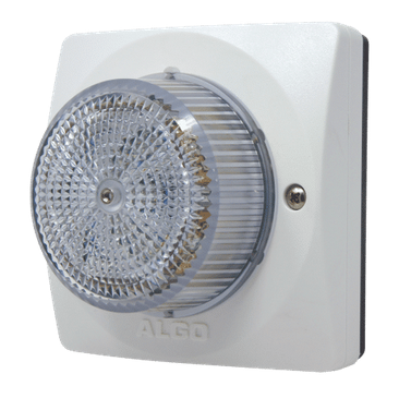 Algo 8128 SIP high intensity strobe light with a clear lens, mounted on a wall.